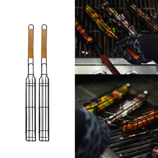 BBQ Grill Basket with Rotary Lid and Long Wooden Handle - Image 10
