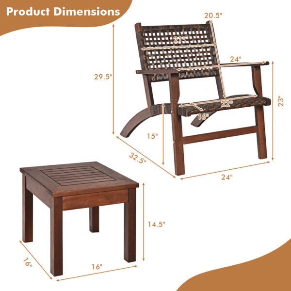 3 Pieces Outdoor Wooden Patio Rattan Furniture Set - Image 5