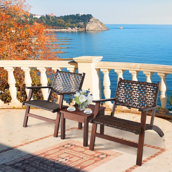 3 Pieces Outdoor Wooden Patio Rattan Furniture Set - Image 9